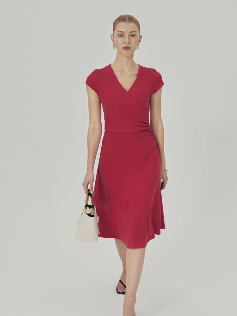 Stretch Cotton Surplice V-neck Cap Sleeve Midi Dress