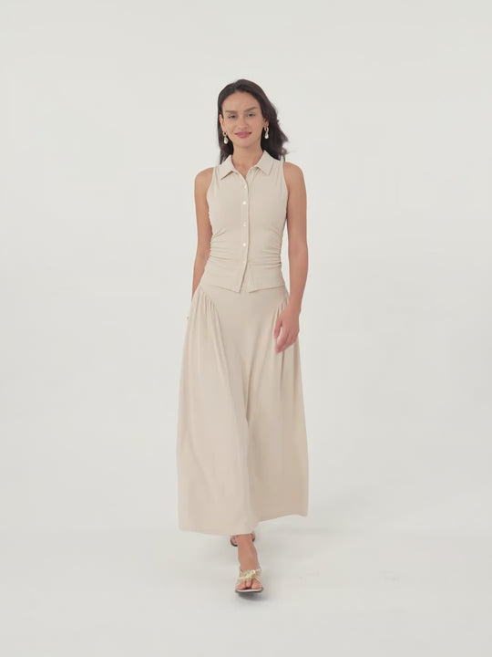 Collared Faux Button Placket Side Ruched Shirt Tank