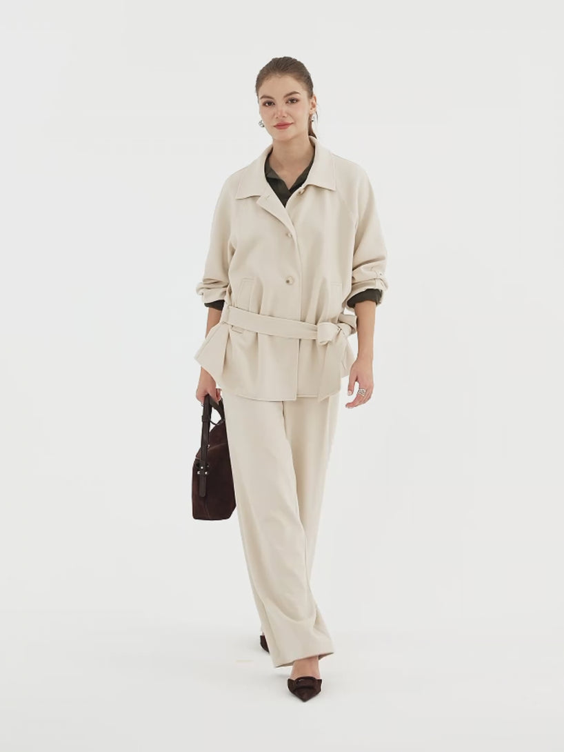 OGLmove 2Pcs Set Notched Collar Long Sleeve Belted Jacket & Mid-Rise Wide-Leg Pants with Pockets