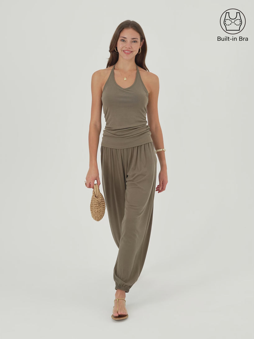 OGLmove 2Pcs Set Open Back Bra Top & Balloon Pants with Pockets