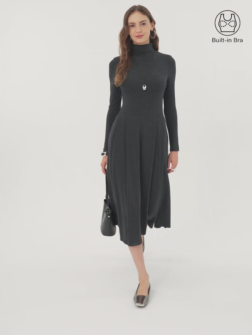 OGLmove Light Warm Mockneck Pleated Midi Brami Dress with Pockets