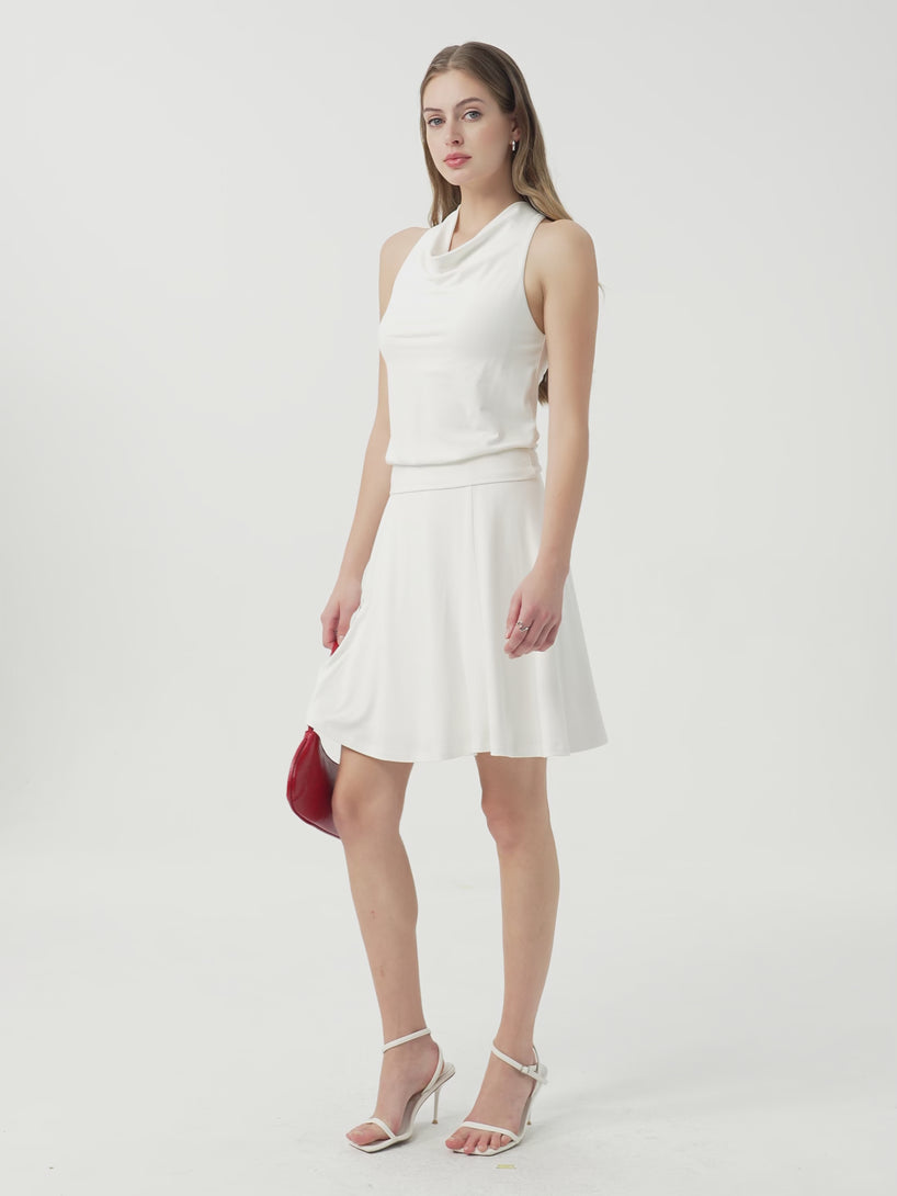 OGLmove 2Pcs Set SkinKiss Halter Cowl Neck Bra Top & Circle Flared Mini Skirt