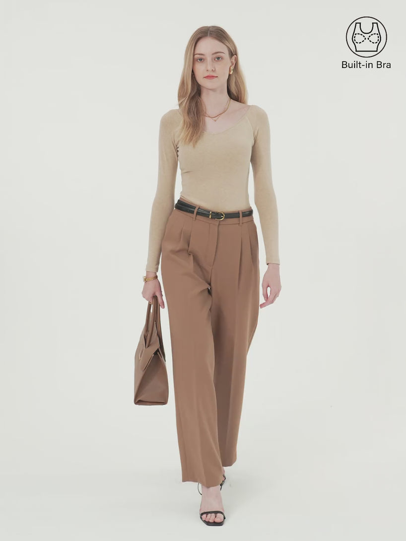 Stretch Cotton V-Neck Long Sleeve Brami Top