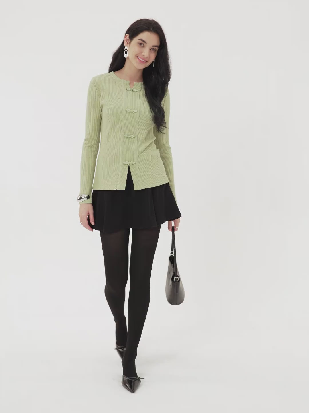 Ribbed Frog Button Round Neck Long Sleeve Top