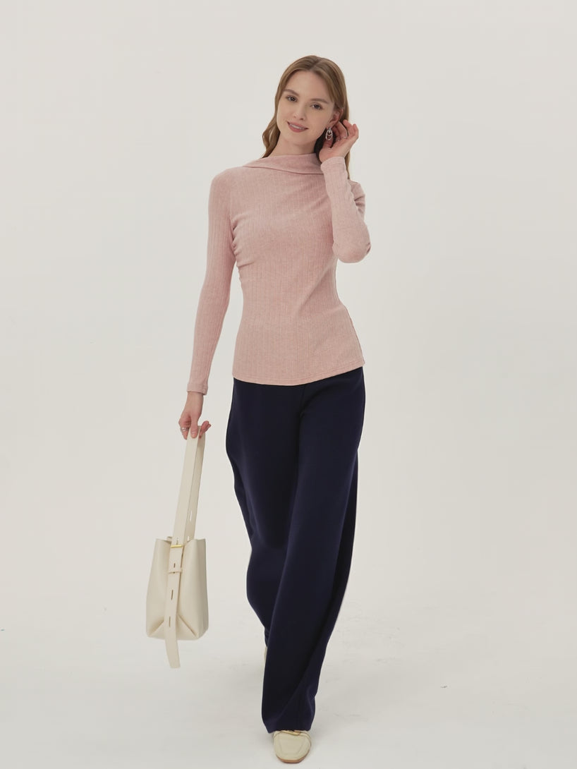 Wide Ribbed Asymmetrical Mockneck Ruched Brami