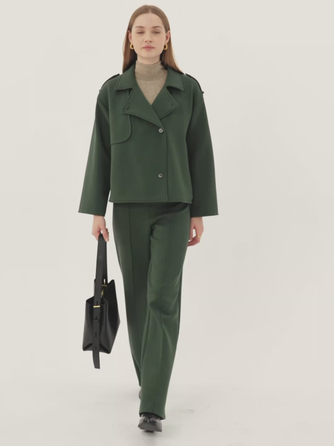 2Pcs Set Convertible Collar Buttoned Coat & Tummy-Control The Comfort Pant