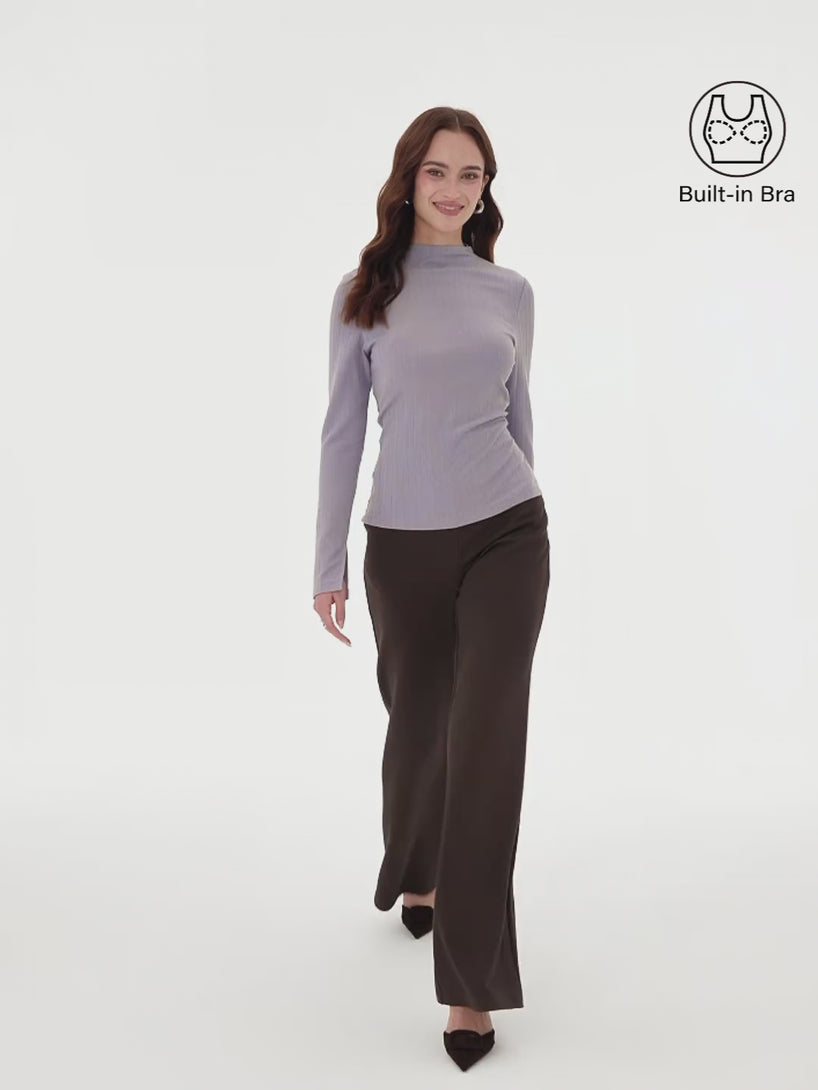 OGLmove Prowarm Mock Neck Long Sleeve Cuff-Slit Built-In Bra Top