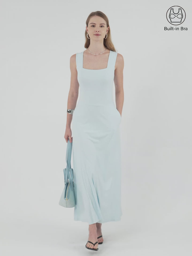 Flowy Square Neck Wide Straps Midi Brami Dress with Pockets