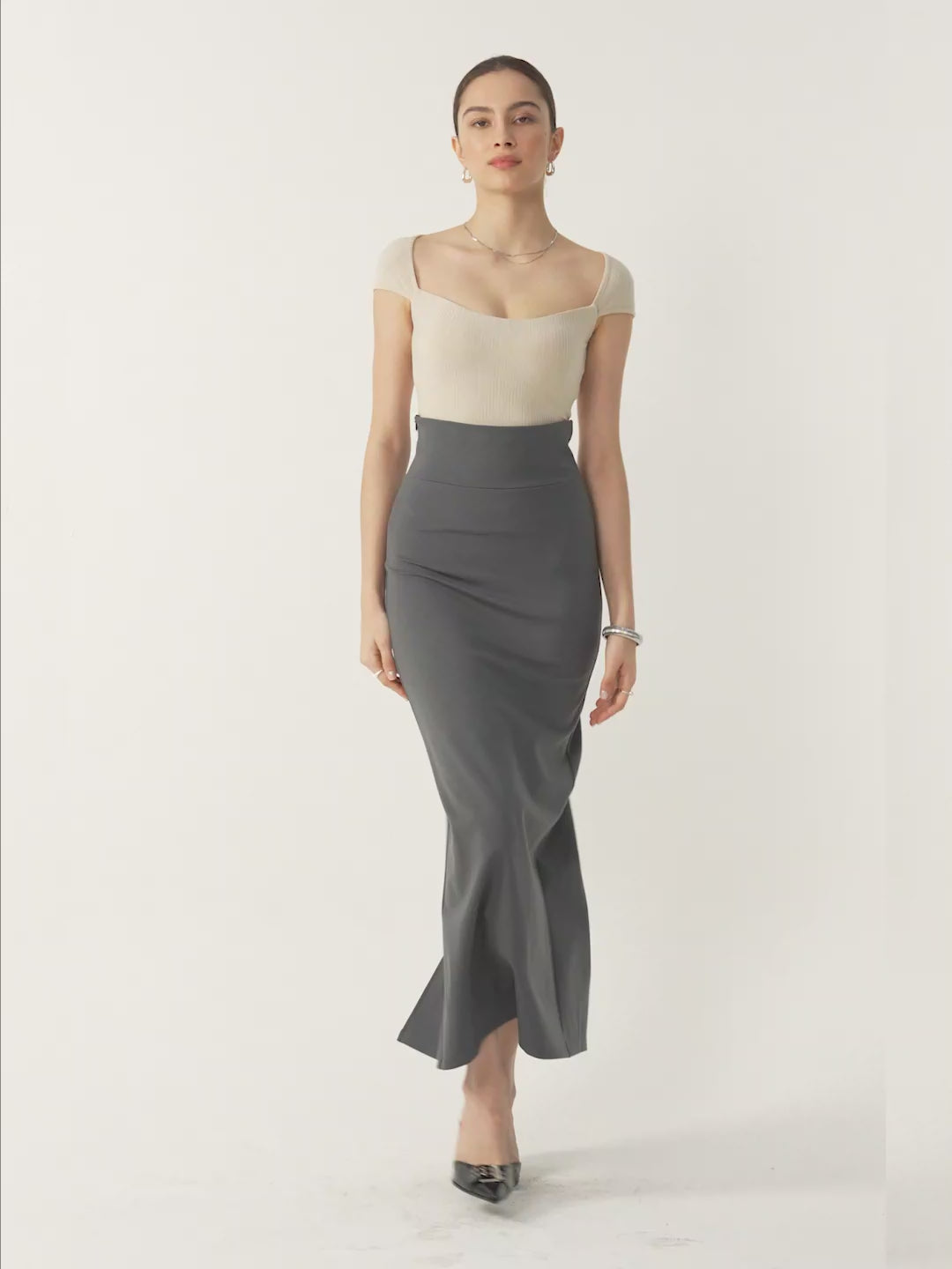 Super High Waist Column Skirt - Grey Steel