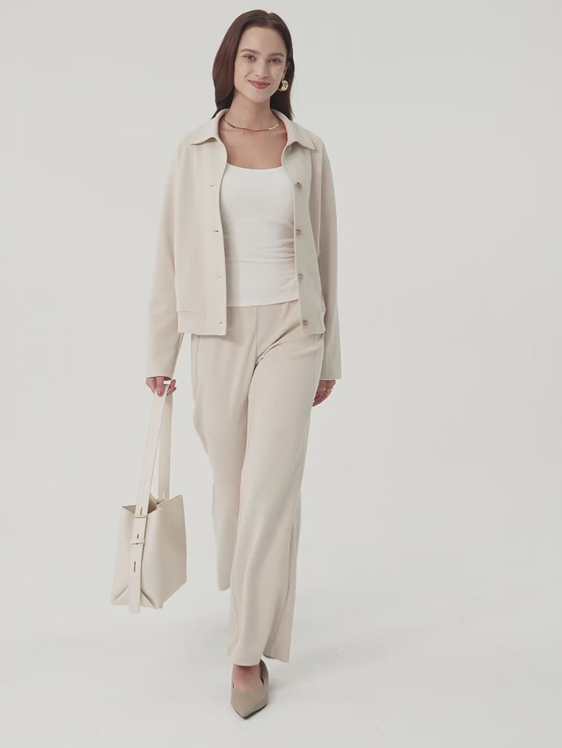 2Pcs Set Collared Button-Front Jacket & Straight Pull-on Pants with Pockets