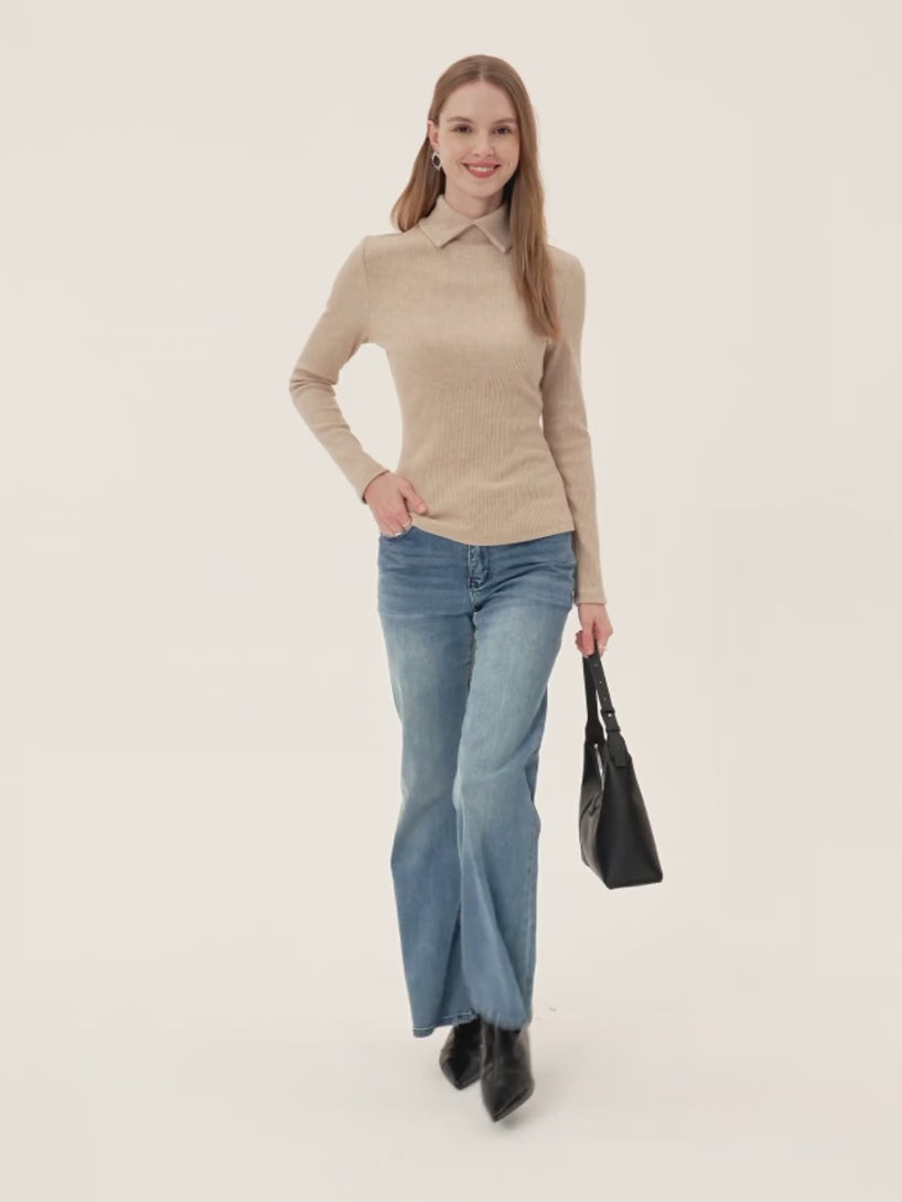 Ribbed Stand Collar Long Sleeve Top