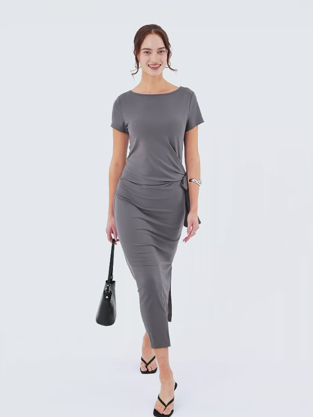 wrinkle free midi dress Casual Regular Fit Purple Gloam/L Midi Dresses Relaxed Sleeves Short Sleeves Boat Neck Women Dresses OGLmove