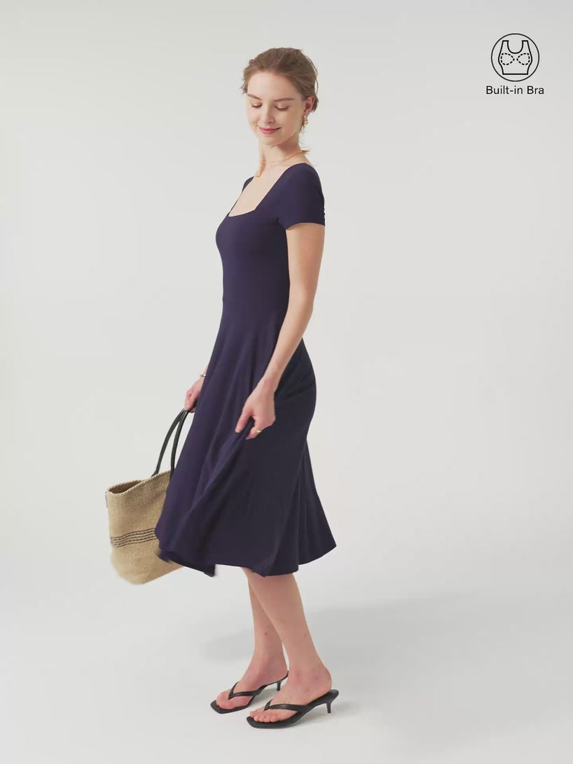 Flowy Square Neck Short Sleeve Midi Brami Dress