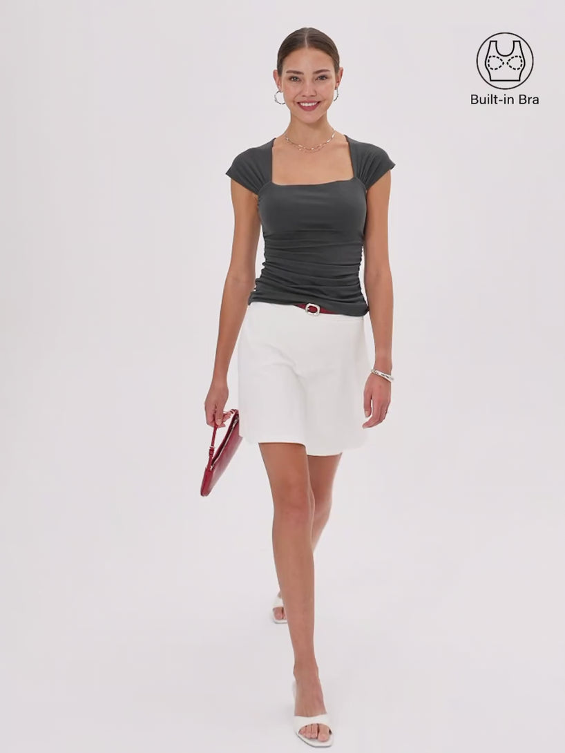 OGLmove Cool-Touch Square Neck Cap Sleeve Ruched Bra Top