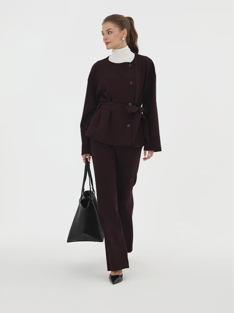 OGLmove 2Pcs Set Round Neck Long Sleeve Belted Jacket with Pockets & Mid-Rise Flared Pants with Pockets