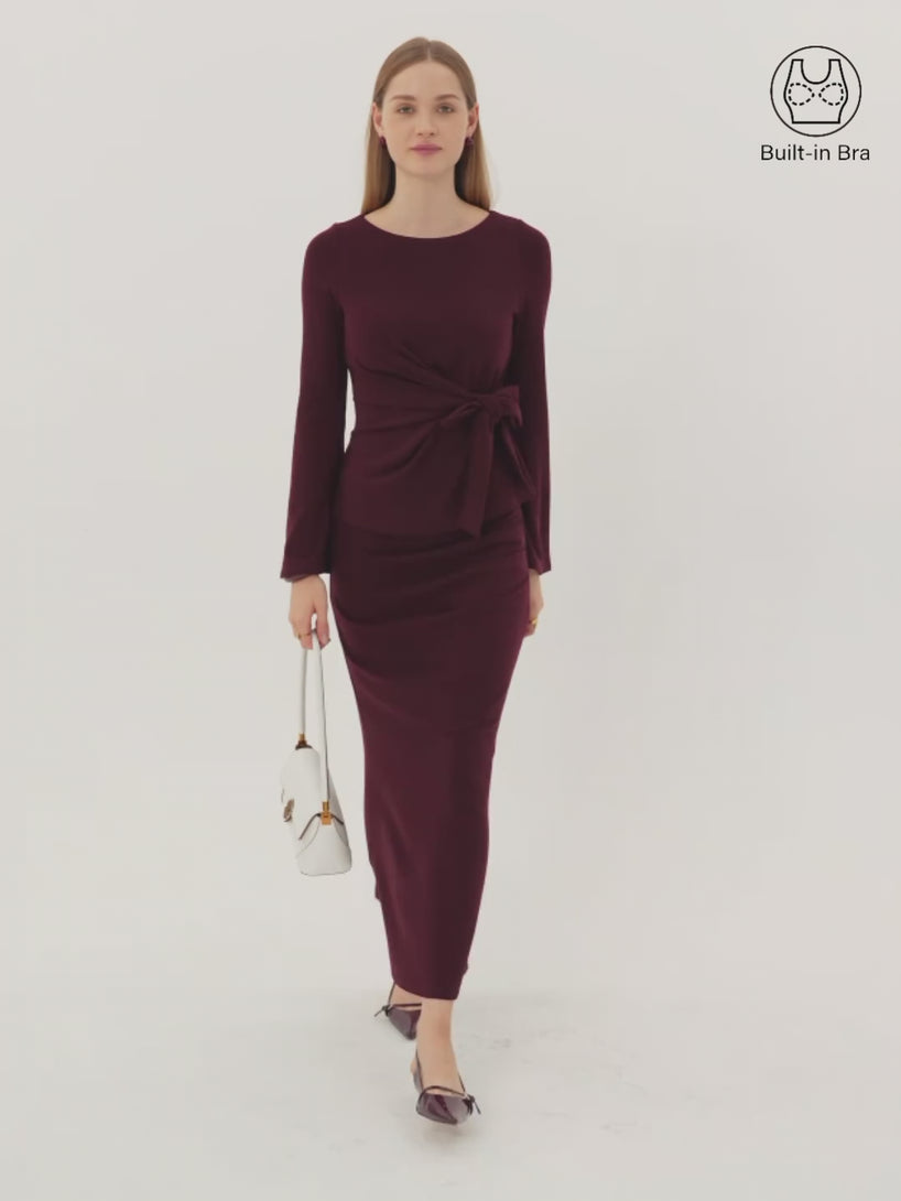 2Pcs Set Bow-Tie Belted Bell Sleeve Brami & Stretchy Tucked Flare Maxi Skirt