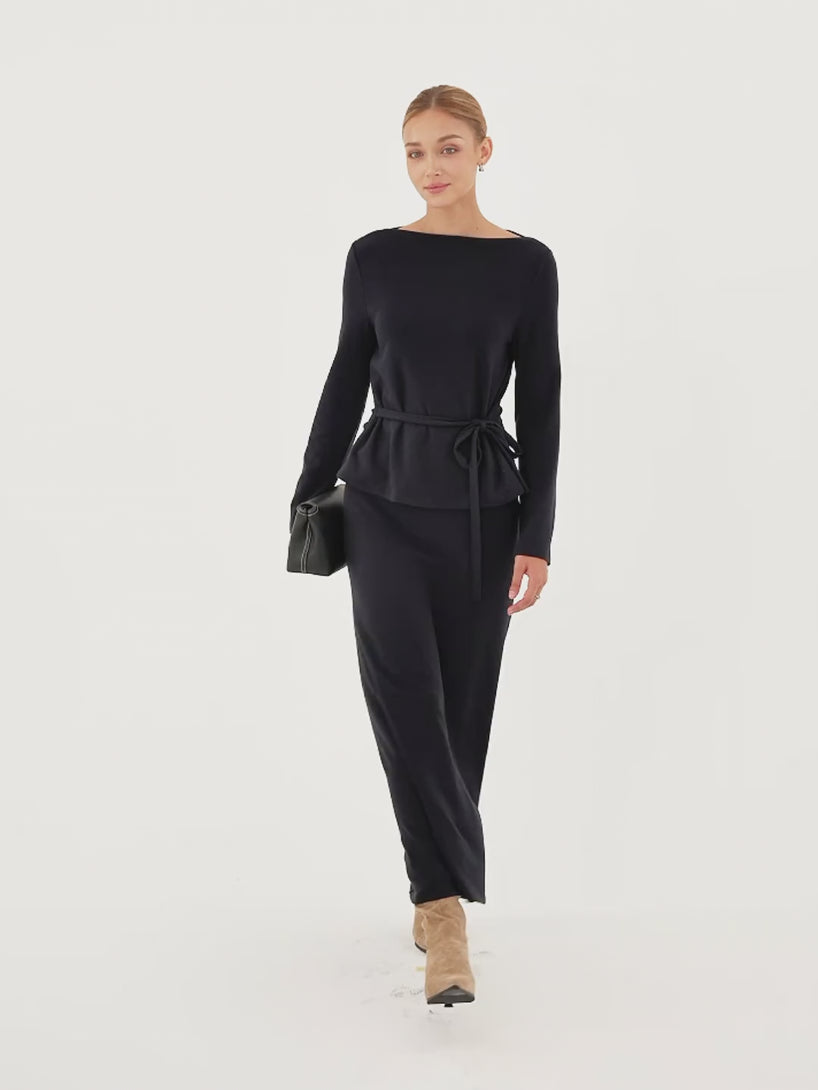 OGLmove 2Pcs Set ProWarm Boatneck Long Sleeve Belted Top & ProWarm High-Rise A-Line Midi Skirt