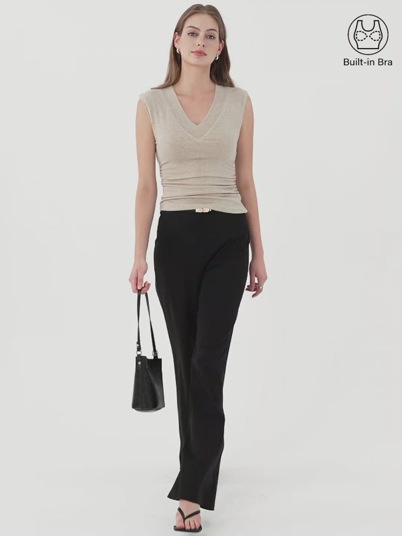 OGLmove Sweat-Wicking V-Neck Wide Shoulder Ruched Bra Top