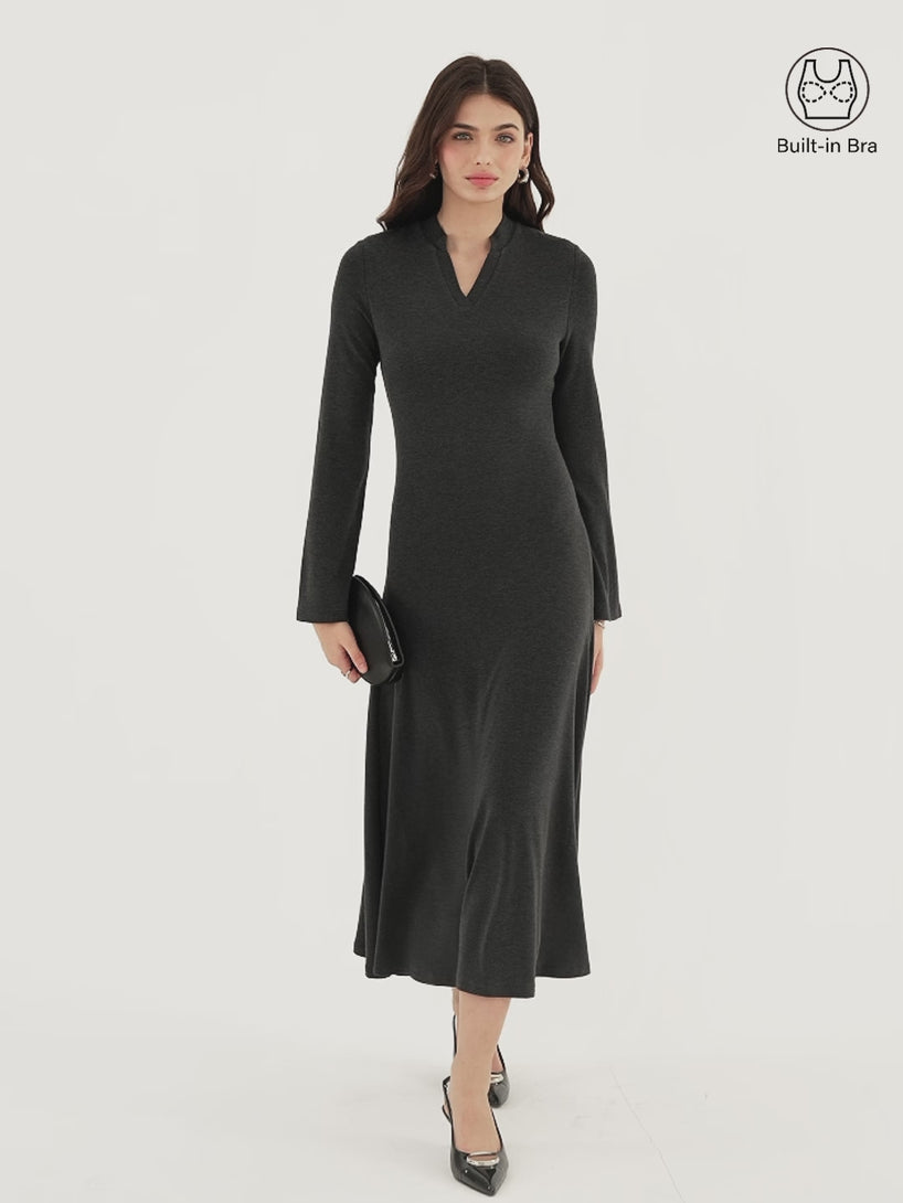 OGLmove LiteWarm V-Neck Long Sleeve Flowy Midi Built-In Bra Dress