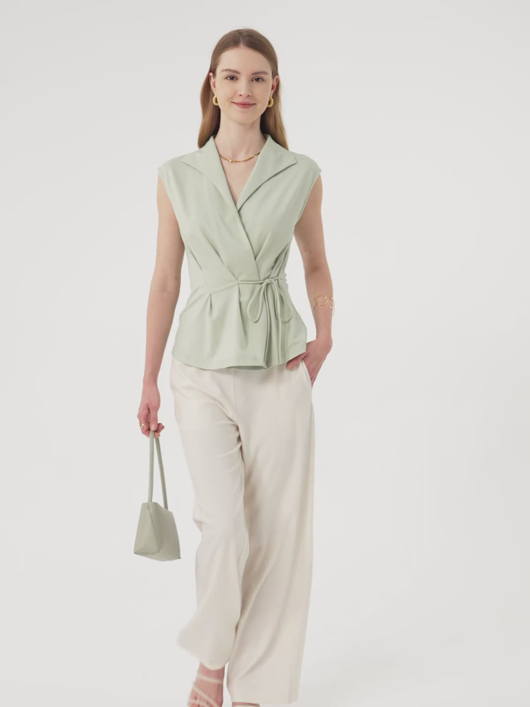 Icy Ponte Flap Collar Surplice Sleeveless Top with Drawstring Tie