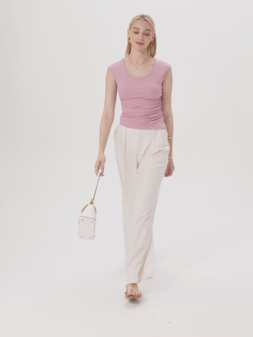 OGLmove Soft Linen Knit Scoop Neck Ruched Bra Top