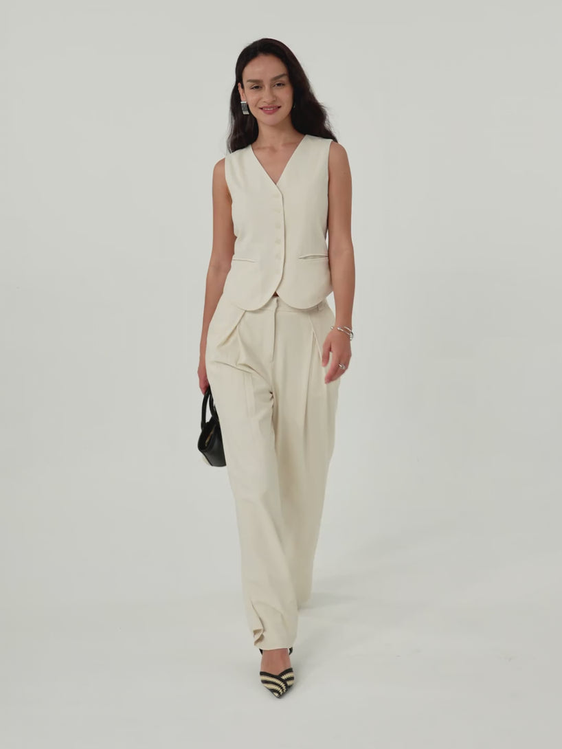 Tencel-Linen Pants Wrinkle-Free Tucked Wide Leg Trouser