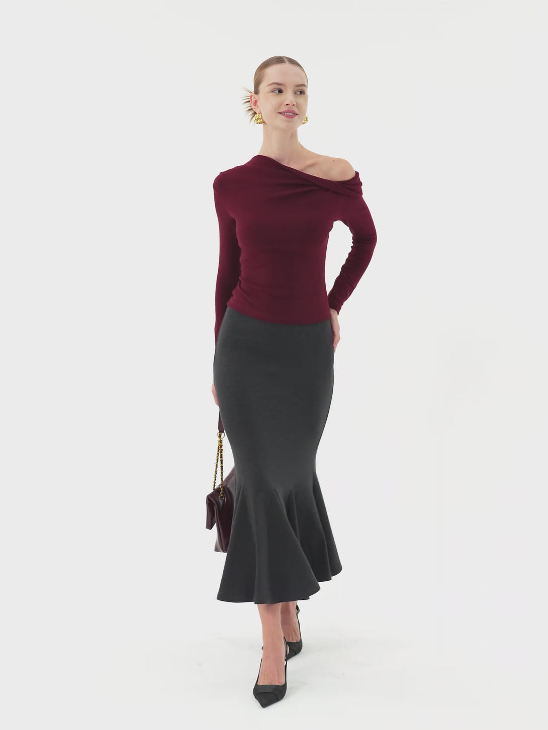 Brushed Inside Mermaid Flare Pull-On Midi Skirt