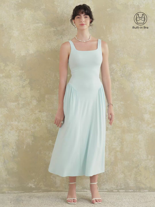 Cinderella Square Neck Low Back Midi Brami Dress with Pockets