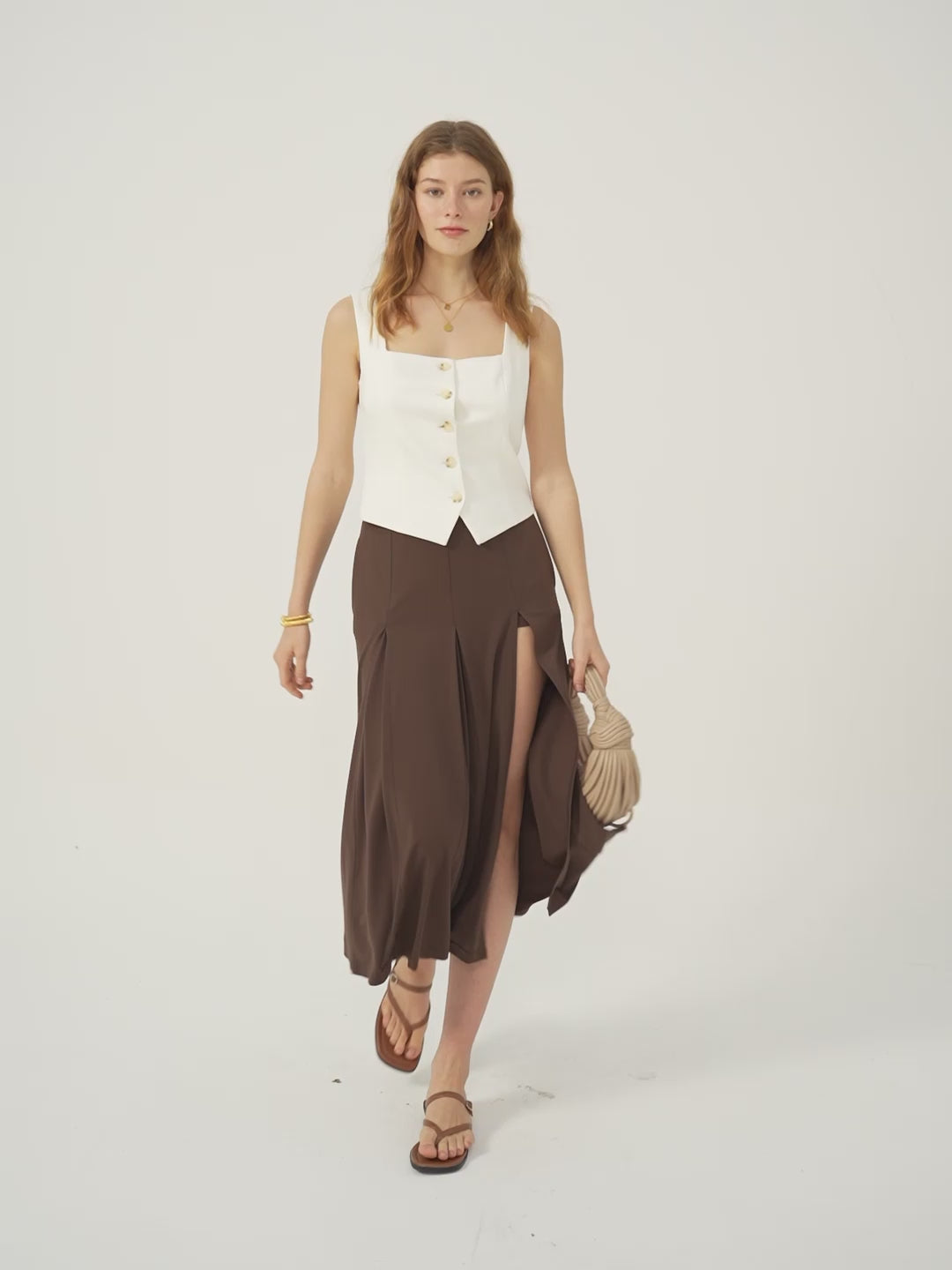 Pleated Slit Midi Skirt with Lined Shorts - Dark Cocoa