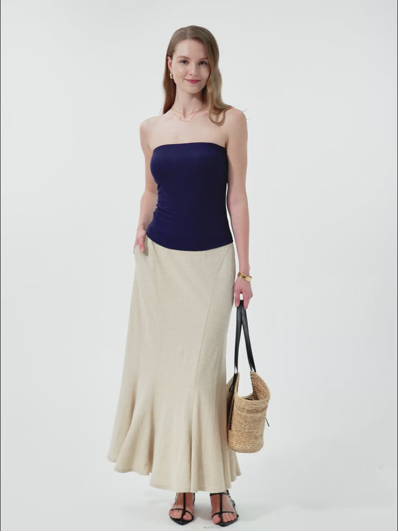 Wrinkle-resistant Cotton-linen Pull-on Midi Skirt