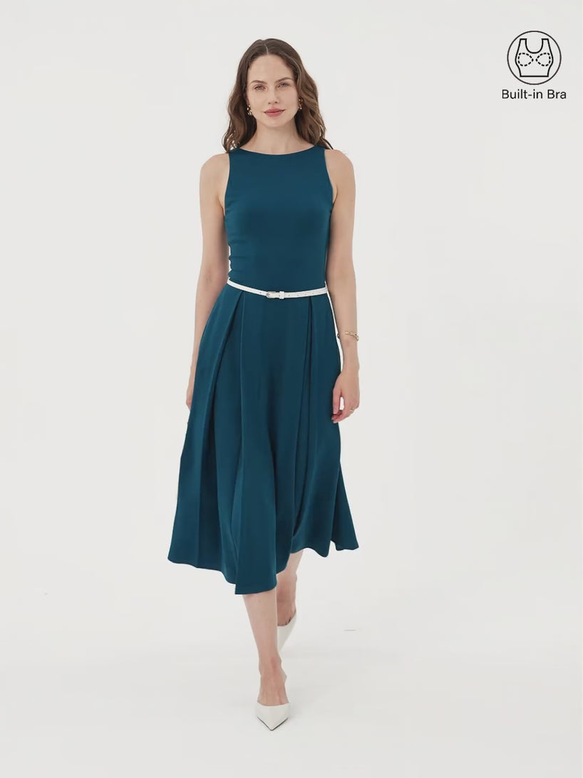 OGLmove Boatneck Pleated Fit-and-Flare Midi Bra Dress with Pockets
