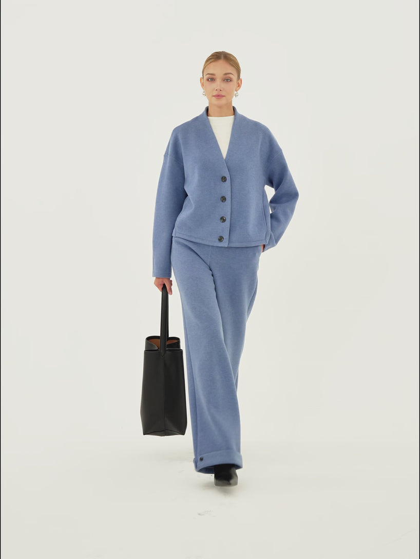 OGLmove 2Pcs Set V-Neck Button-Down Cardigan with Pockets & High-Rise Wide-Leg Pants with Pockets