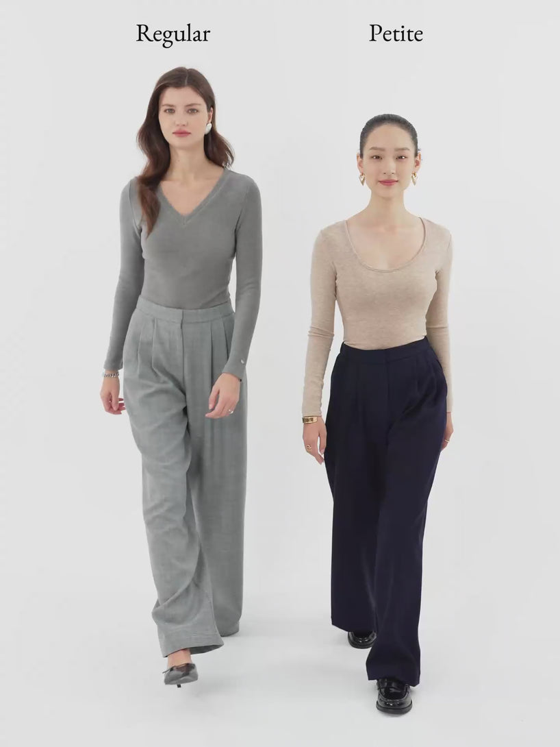 4-way Stretch Wool Mid Rise Pleated Wide Leg Trousers with Pockets