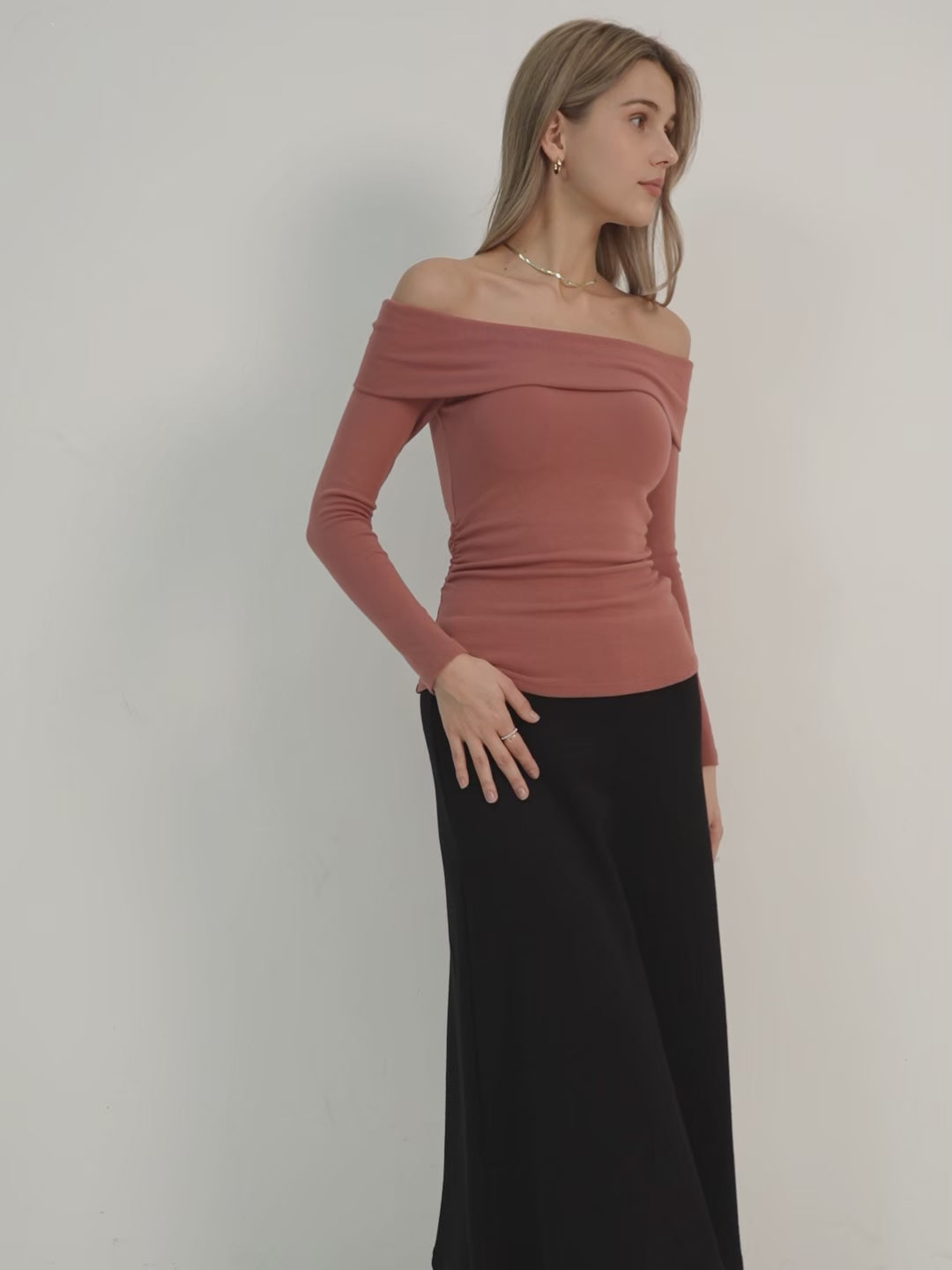 Eco-Mousse® Long-Sleeve Off-The-Shoulder Brami Top - Dusty Rose