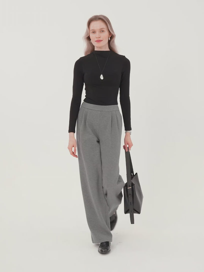 Cozy High Rise Wide Leg Tucked Pull-on Pants with Pockets