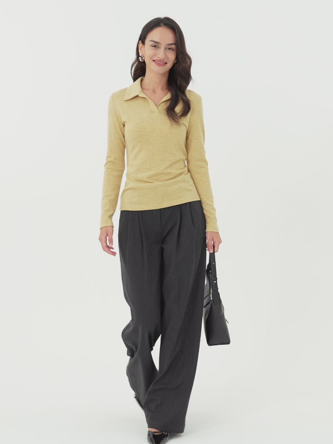 Heathered Wool Blend Polo Neck Long Sleeve Top