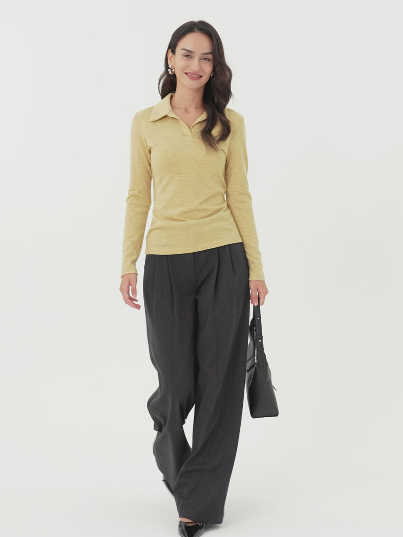 Heathered Wool Blend Polo Neck Long Sleeve Top
