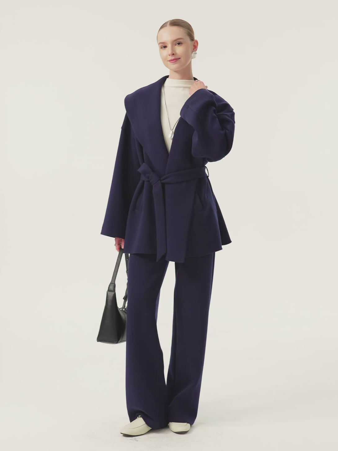 2Pcs Set Petite Straight Pants with Pockets & Belted Shawl Collar Robe Jacket