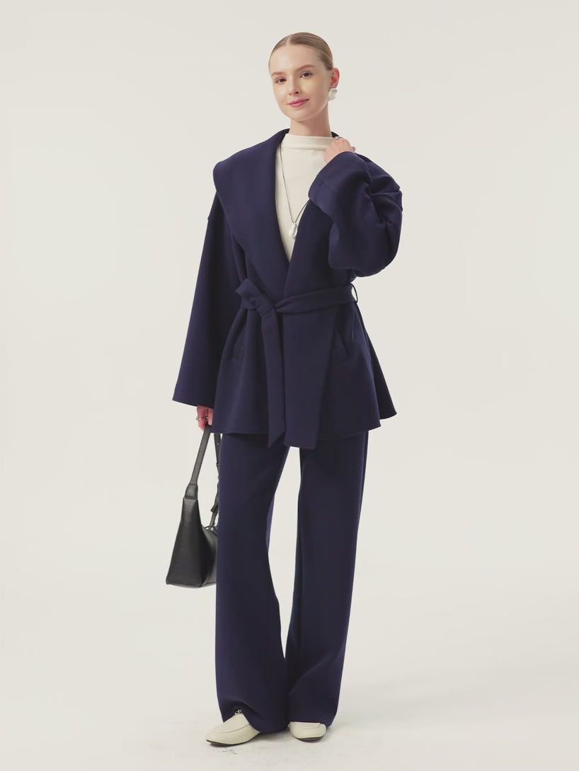 2Pcs Set Petite Straight Pants with Pockets & Belted Shawl Collar Robe Jacket