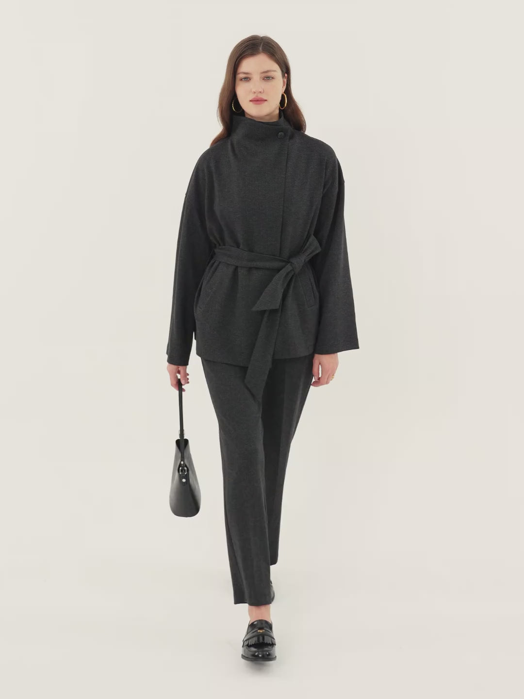 Herringbone Retro Belted Jacket with Pockets