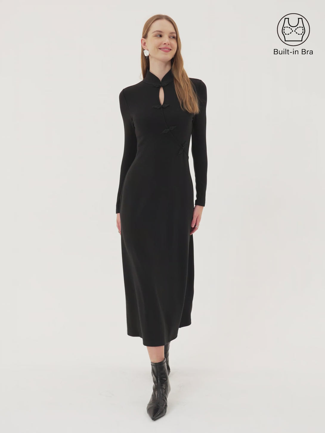 Standout Mandarin Collar Frog Button Midi Brami Dress