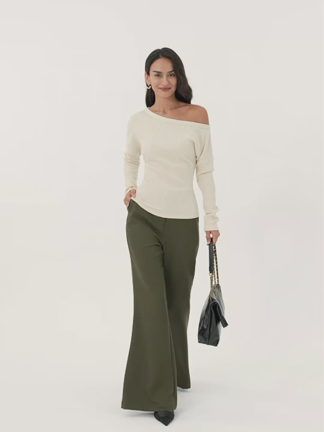 Ribbed Asymmetrical Neckline Long Sleeve Top