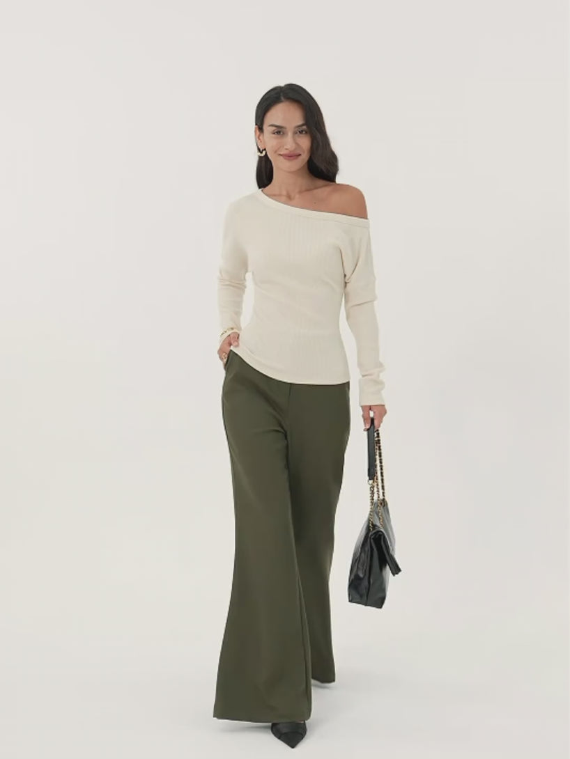 Ribbed Asymmetrical Neckline Long Sleeve Top