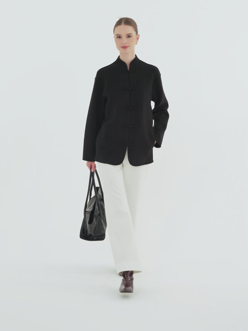 OGLmove FuzzLuxe Mandarin Collar Frog-Button Jacket with Pockets