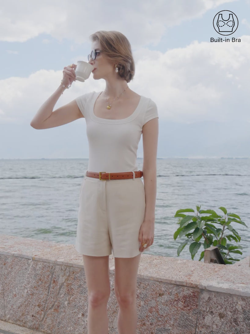 Stretch Cotton Square Neck Cap Sleeve Brami