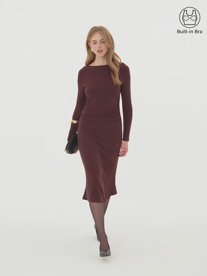 OGLmove ProWarm Boatneck Ruched Mermaid Built-In Bra Midi Dress