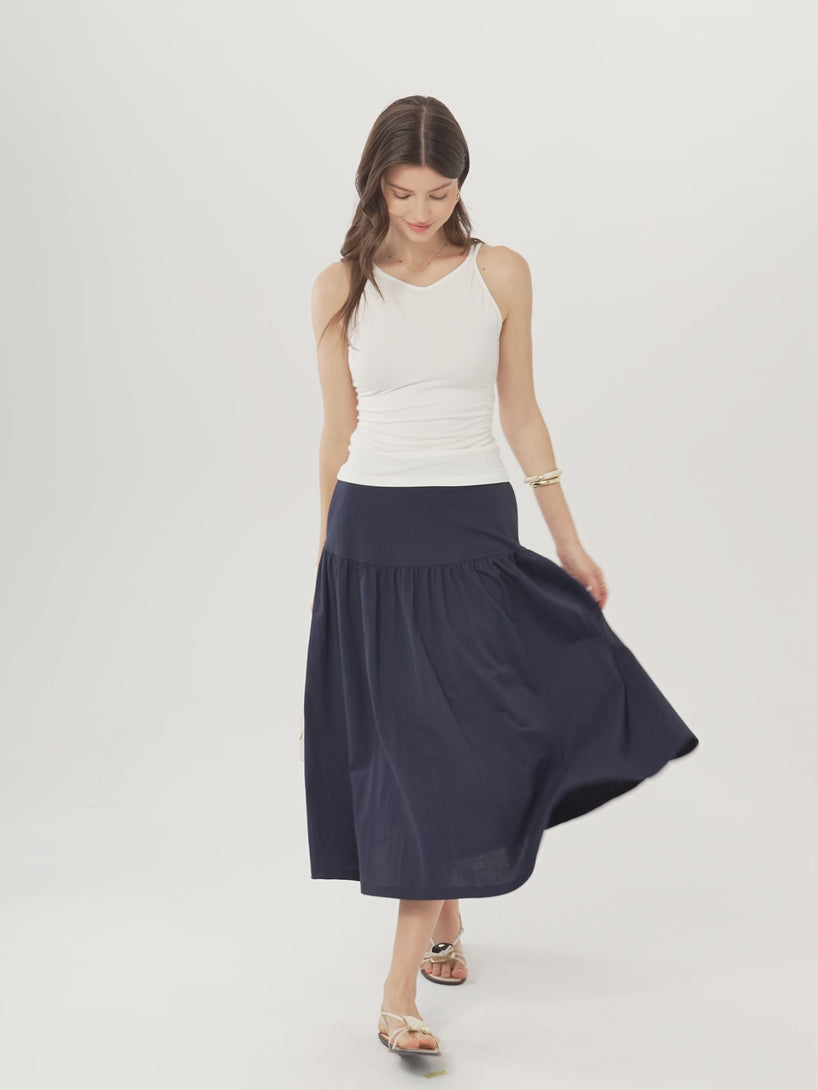 OGLmove Cotton-Linen Gathered Midi Skirt with Pockets