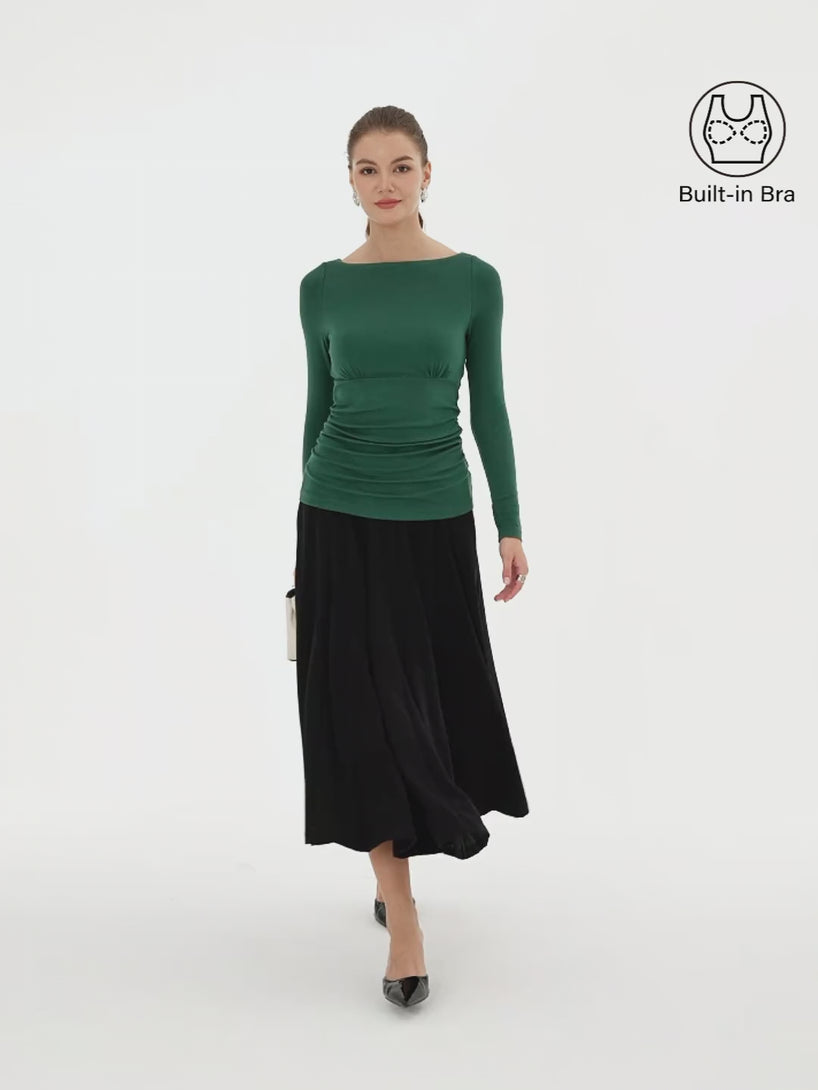 OGLmove LiteWarm Boatneck Long Sleeve Ruched Built-In Bra Top