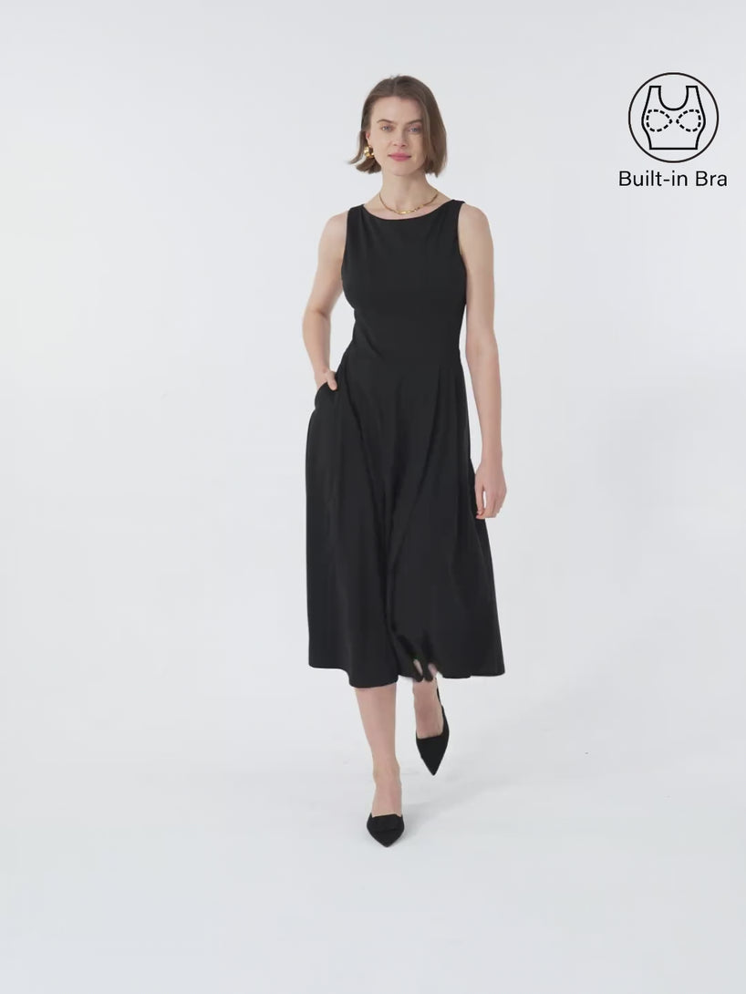 Boatneck Bamboo Ponte Brami Midi Dress with Pockets