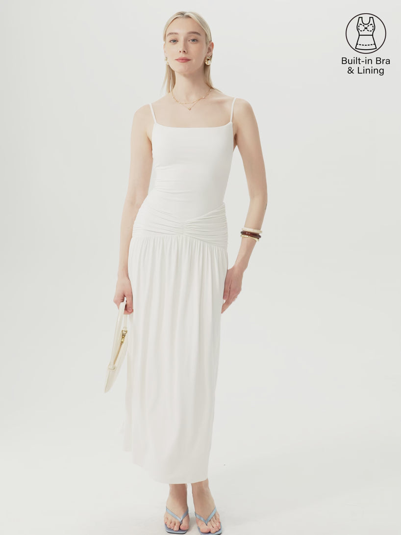 OGLmove Not-See-Thru Spaghetti Gathered Maxi Bra Dress